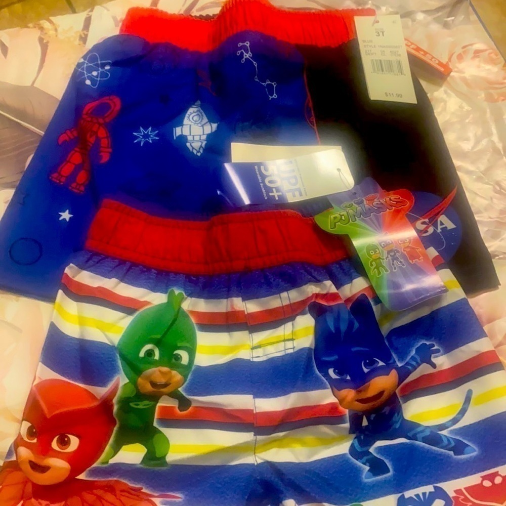 PJ Mask & Nasa Boys Swim Trunks/Shorts Bundle 3T UPF 50+ Vacation Summer